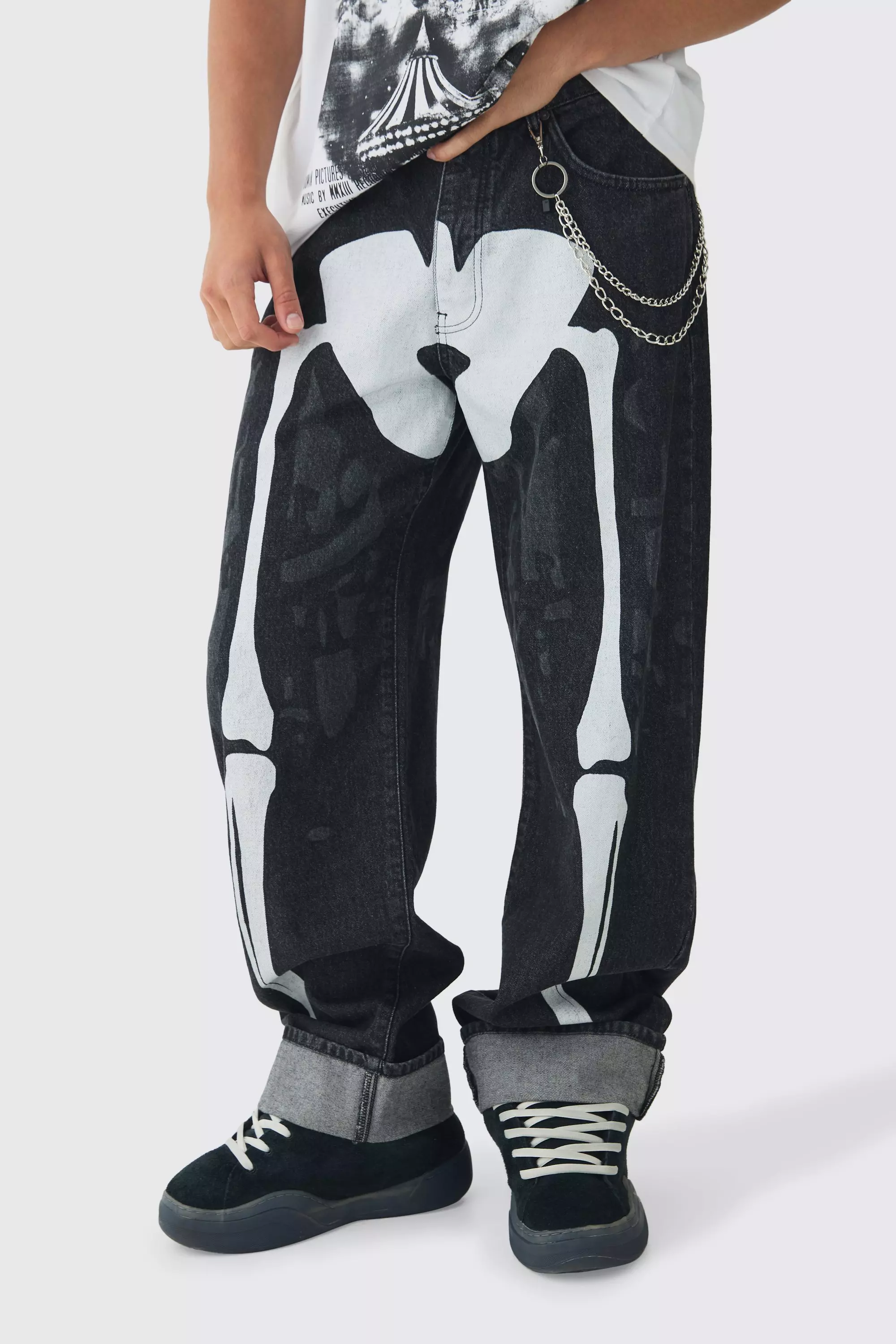 Relaxed Rigid Skeleton Printed Jeans With Chain boohooMAN UK